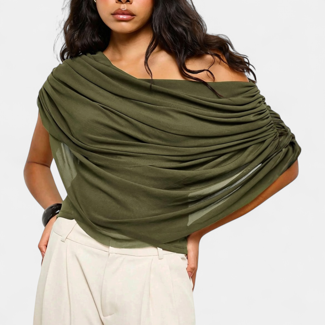 Women's Sultry Cape-Style Ruched Blouse - Green