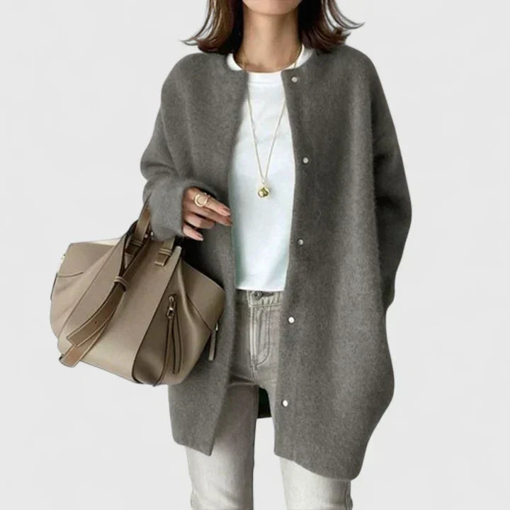 Women's Longline Cardigan with Round Neck and Button Front - Grey
