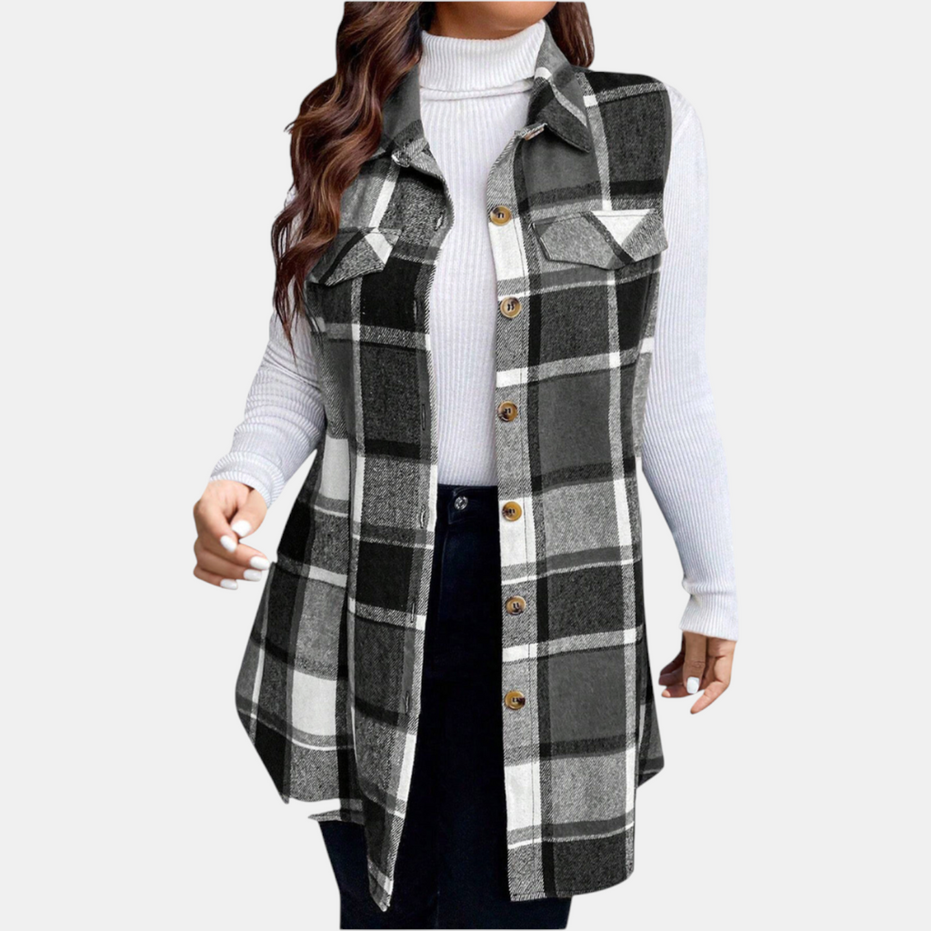 Women's Check Sleeveless Button Front Longline Gilet - Grey