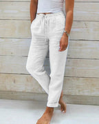 Women's Wide-Leg Trousers with Drawstring Waist and Relaxed Fit - White