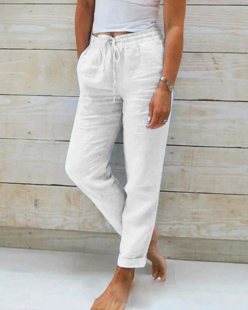 Women's Wide-Leg Trousers with Drawstring Waist and Relaxed Fit - White