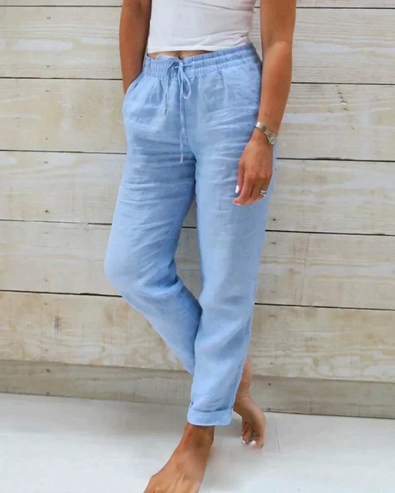 Women's Wide-Leg Trousers with Drawstring Waist and Relaxed Fit - Blue