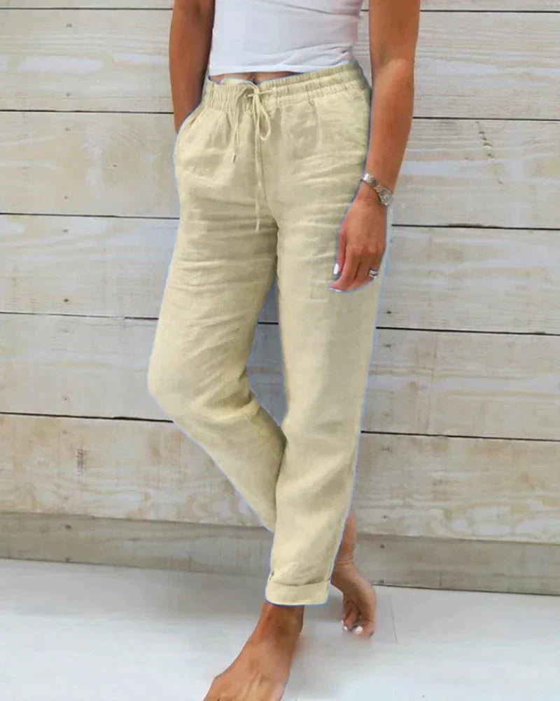 Women's Wide-Leg Trousers with Drawstring Waist and Relaxed Fit - Beige