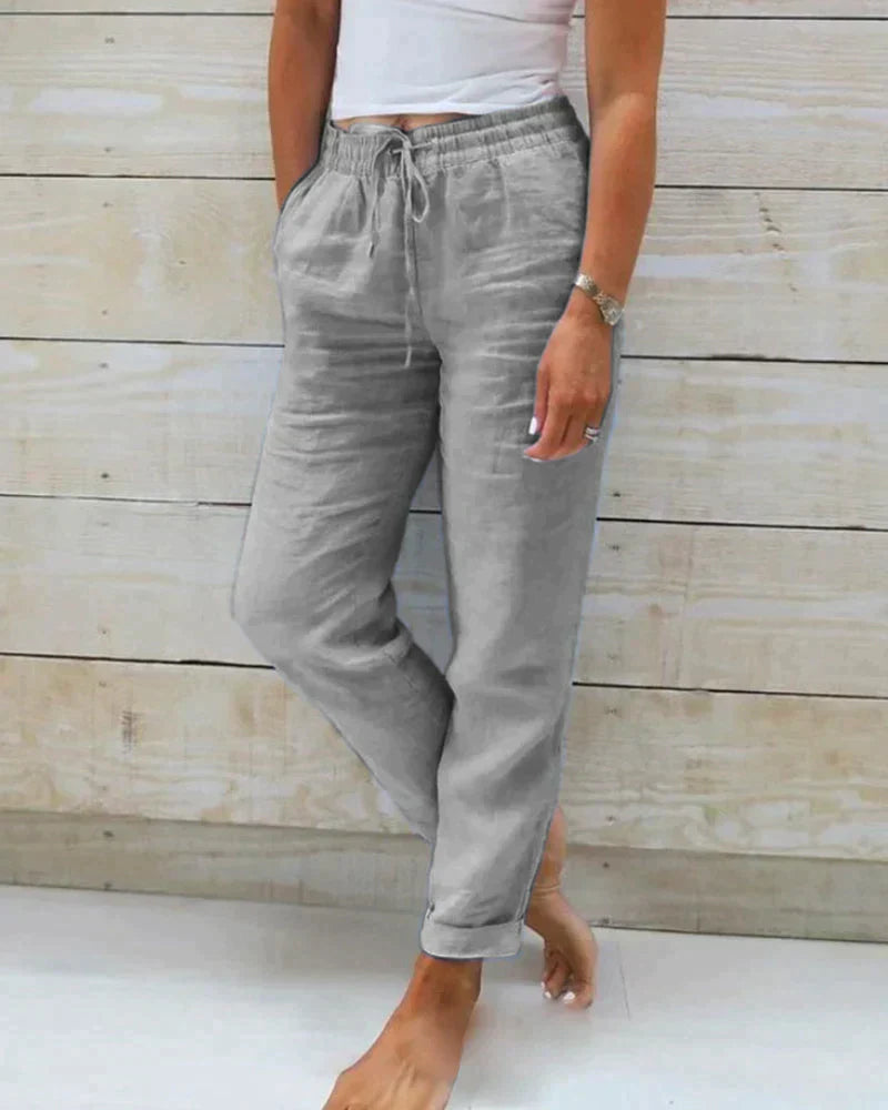 Women's Wide-Leg Trousers with Drawstring Waist and Relaxed Fit - Grey