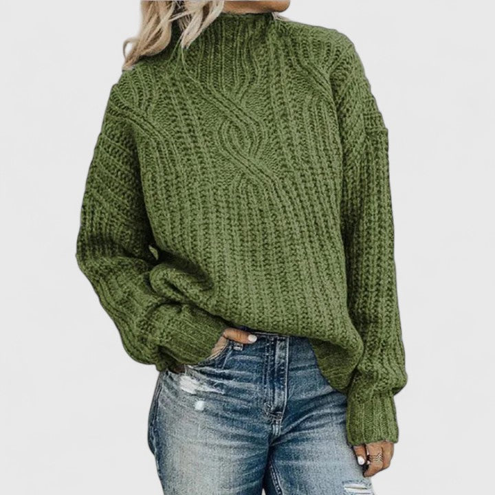 Women's Jumper Cable Knit with Mock Neck - Green