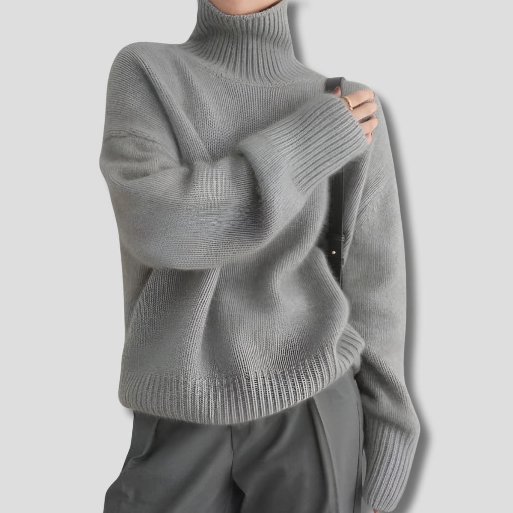 Women's Turtleneck Relaxed Fit Jumper with Ribbed Cuffs - Grey