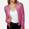 Women's Sequin Blazer with Padded Shoulders and Front Closure - Red