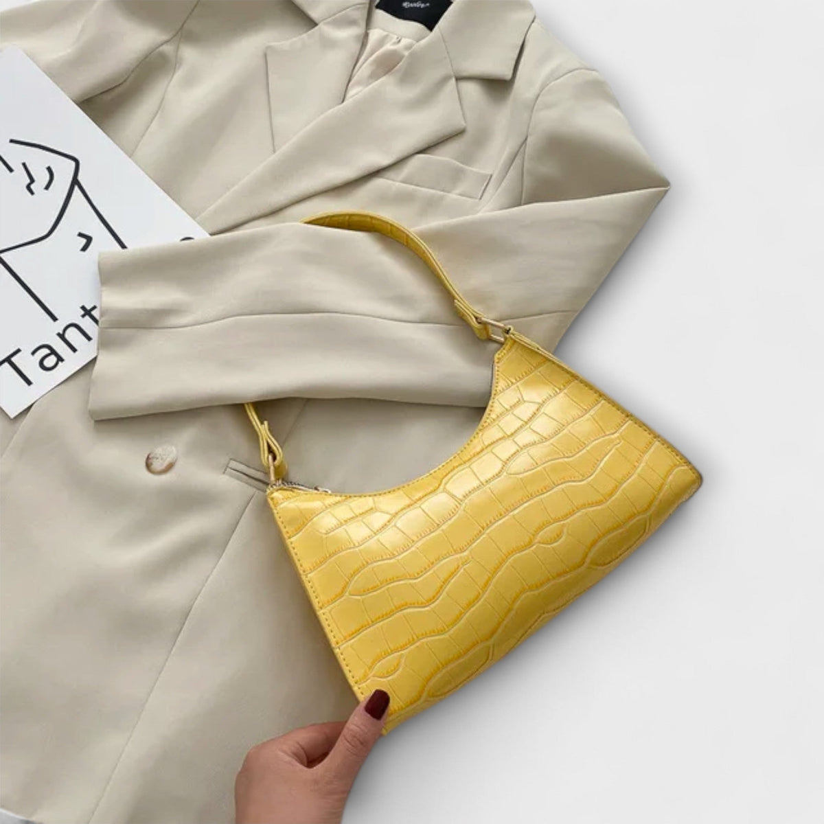 Women's Shoulder Bag with Croc-Effect Finish and Top Handle - Yellow