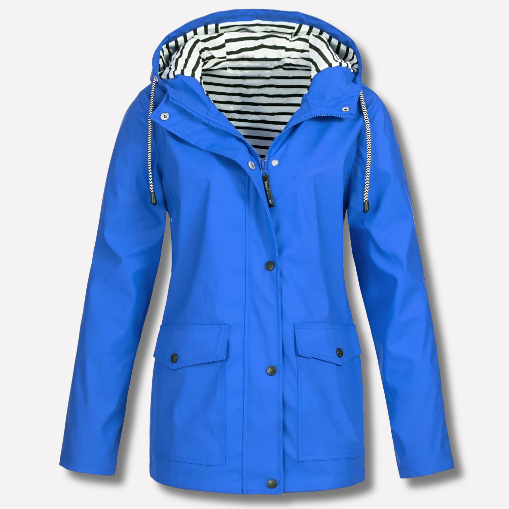 Women's Hooded Rain Jacket with Adjustable Hood and Snap Pockets - Blue