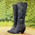 Women's Knee-High Boots with Lace Trim and Block Heel - Black