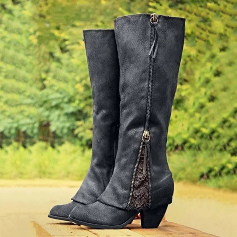 Women's Knee-High Boots with Lace Trim and Block Heel - Black