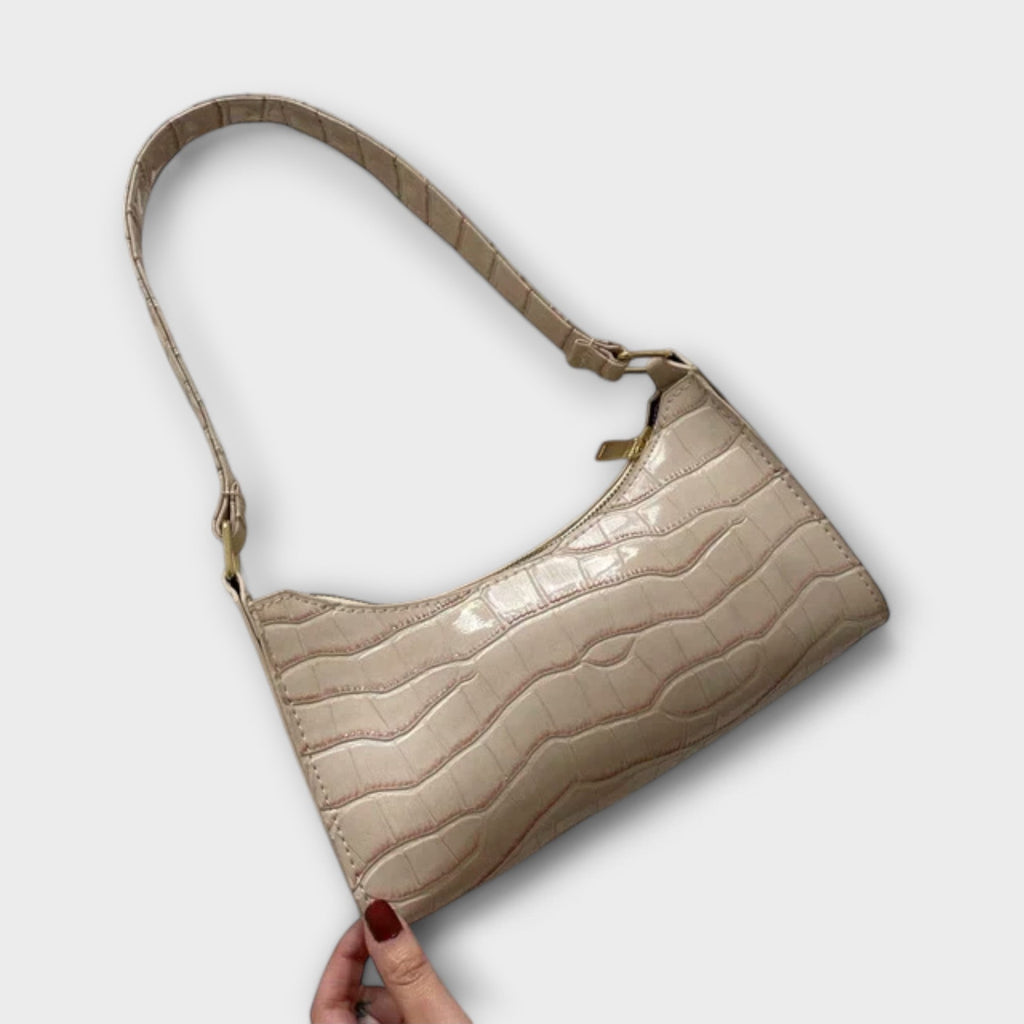 Women's Shoulder Bag with Croc-Effect Finish and Top Handle - Beige