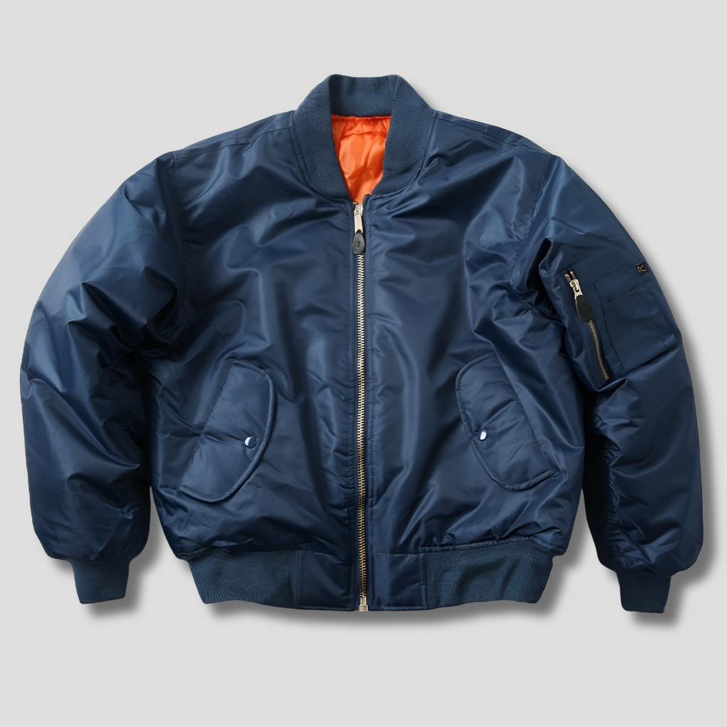 Unisex Bomber Jacket with Ribbed Trims and Zip Front - Blue