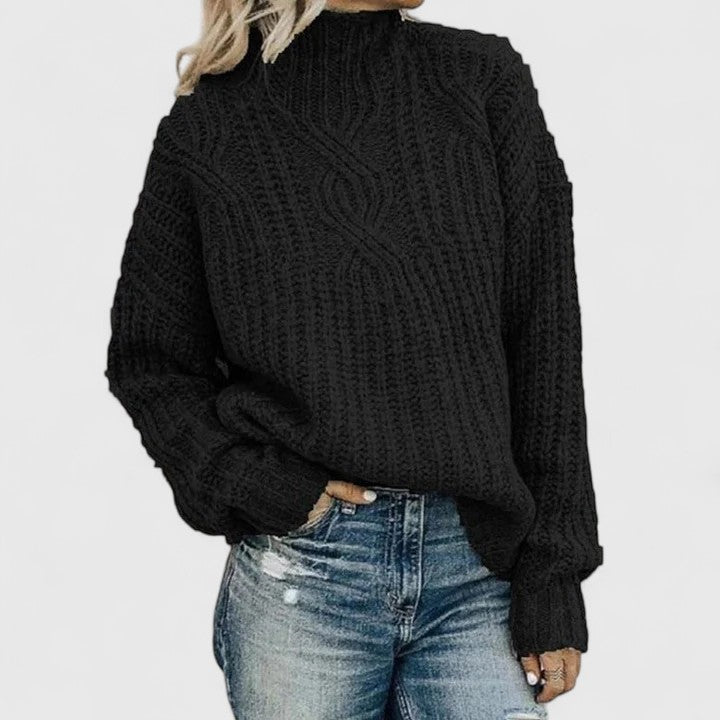 Women's Jumper Cable Knit with Mock Neck - Black