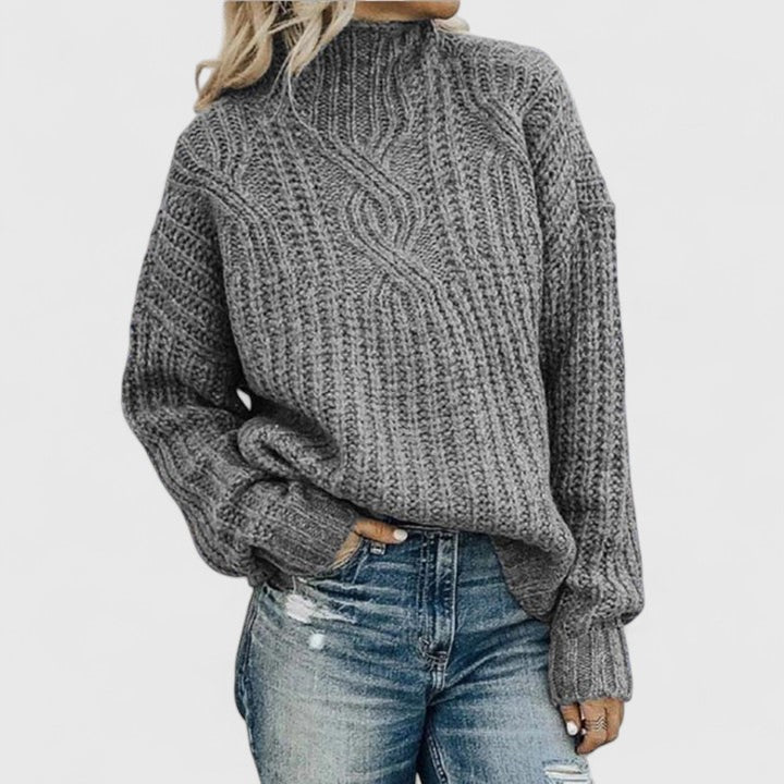 Women's Jumper Cable Knit with Mock Neck - Grey