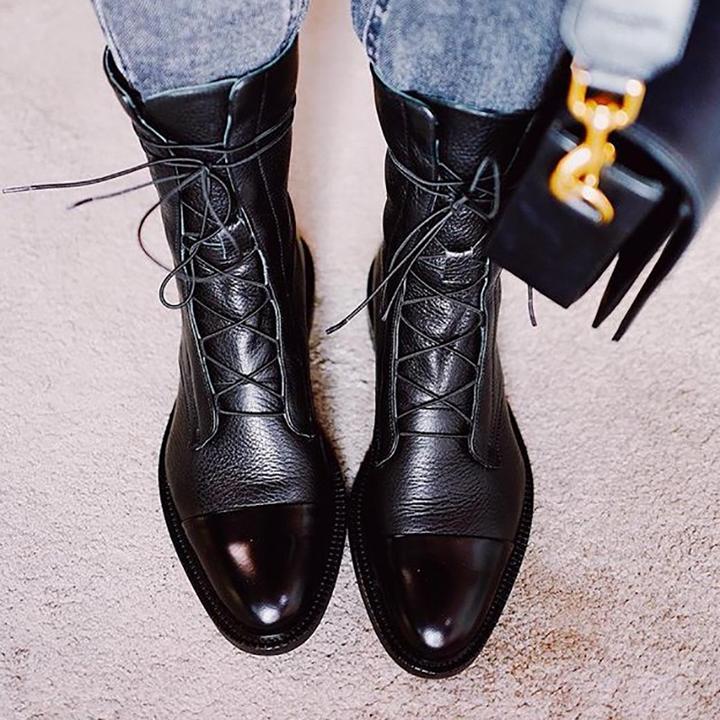 Women's Lace-Up Ankle Boots with Round Toe - Black