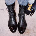 Women's Lace-Up Ankle Boots with Round Toe - Black