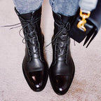 Women's Lace-Up Ankle Boots with Round Toe - Black