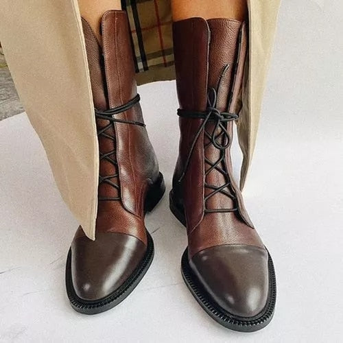 Women's Lace-Up Ankle Boots with Round Toe - Brown