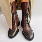 Women's Lace-Up Ankle Boots with Round Toe - Brown