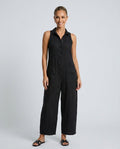 Women's Sleeveless Jumpsuit with Stand Collar and Wide Leg - Black