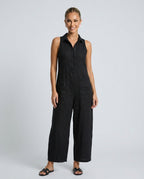 Women's Sleeveless Jumpsuit with Stand Collar and Wide Leg - Black