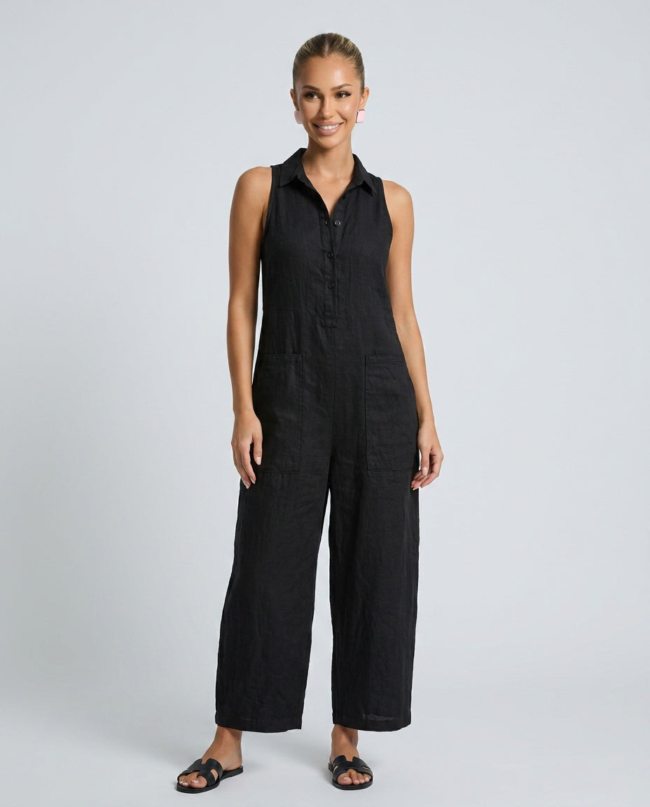 Women's Sleeveless Jumpsuit with Stand Collar and Wide Leg - Black