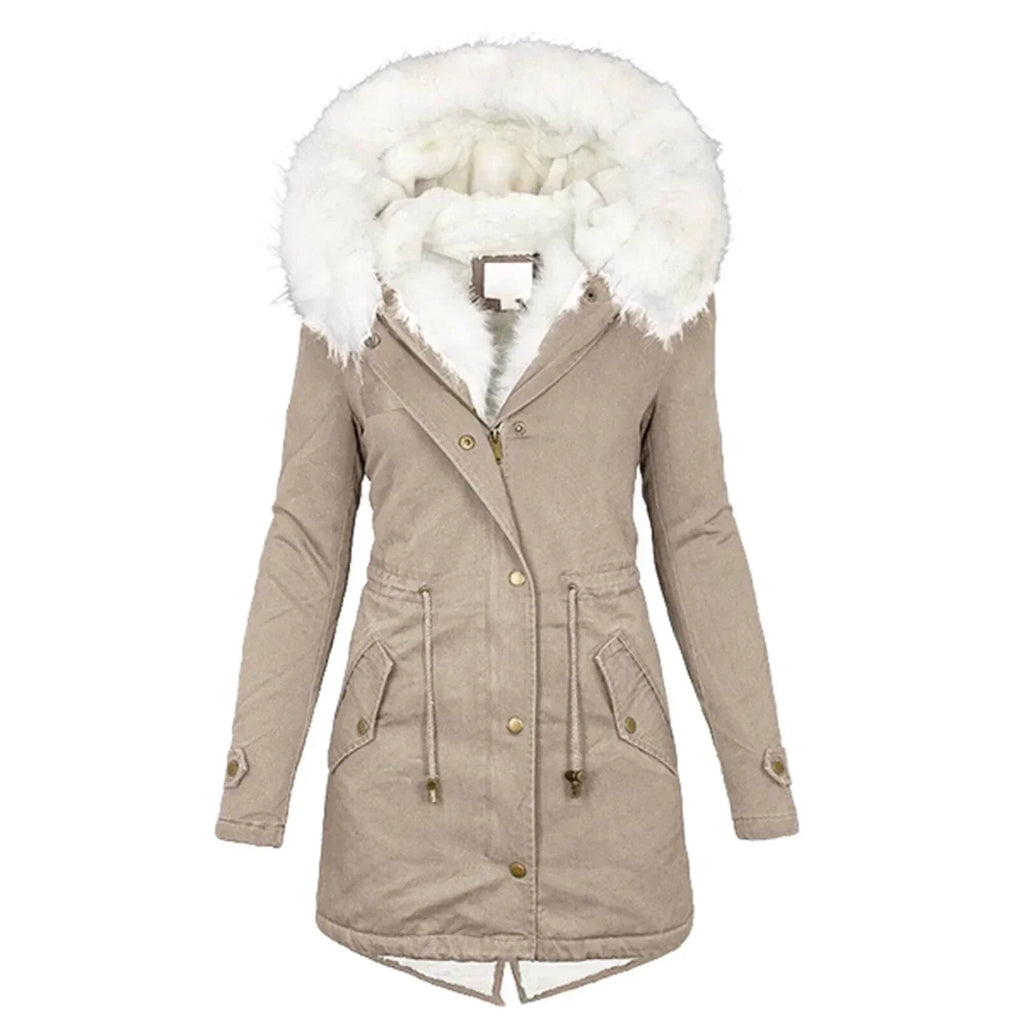 Women's Winter Coat with Fur-Lined Hood and Fitted Cut - Beige