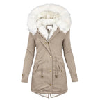 Women's Winter Coat with Fur-Lined Hood and Fitted Cut - Beige