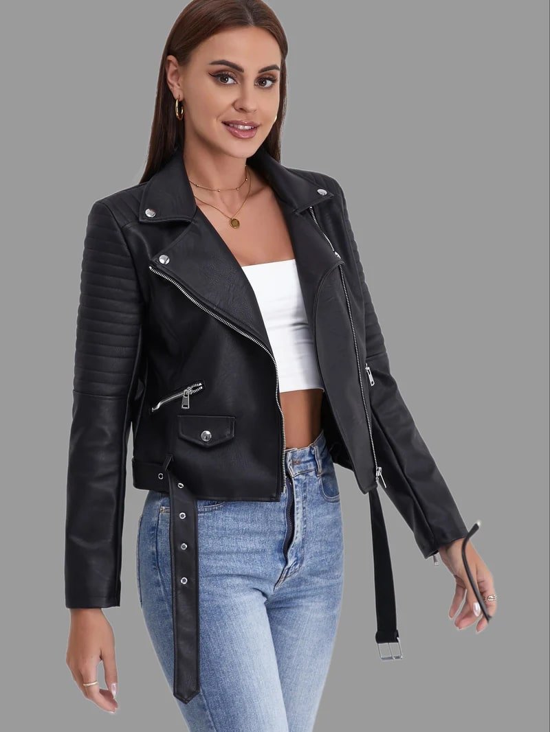 Women's Quilted Sleeve Biker Jacket with Asymmetric Zip - Black
