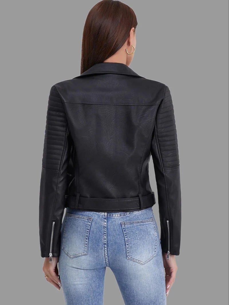 Women's Quilted Sleeve Biker Jacket with Asymmetric Zip - 2