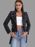 Women's Quilted Sleeve Biker Jacket with Asymmetric Zip - 3