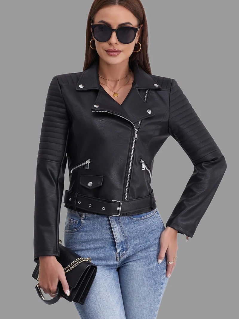 Women's Quilted Sleeve Biker Jacket with Asymmetric Zip - 4