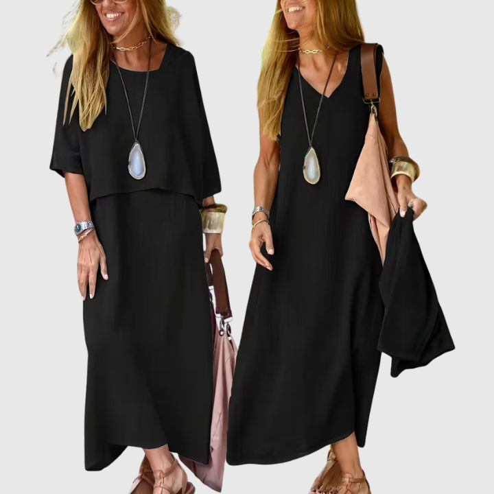 Women's Two-Piece Set Relaxed Top with Maxi Skirt - Black