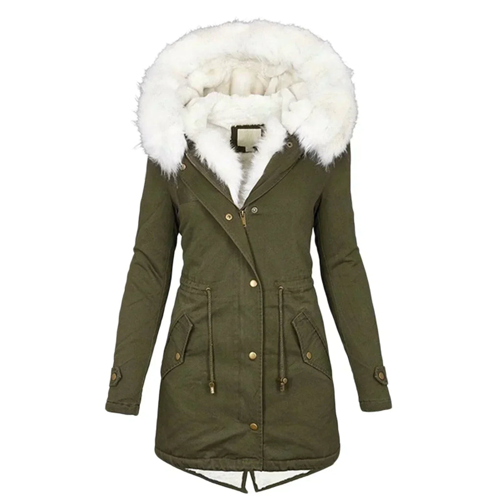 Women's Winter Coat with Fur-Lined Hood and Fitted Cut - Green