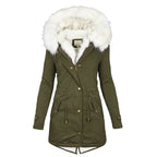 Women's Winter Coat with Fur-Lined Hood and Fitted Cut - Green
