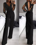 Women's Jumpsuit Long Sleeve with Glitter Mesh Top and Straight Legs