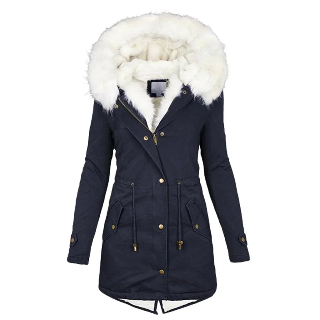 Women's Winter Coat with Fur-Lined Hood and Fitted Cut - Blue