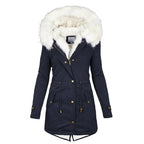 Women's Winter Coat with Fur-Lined Hood and Fitted Cut - Blue