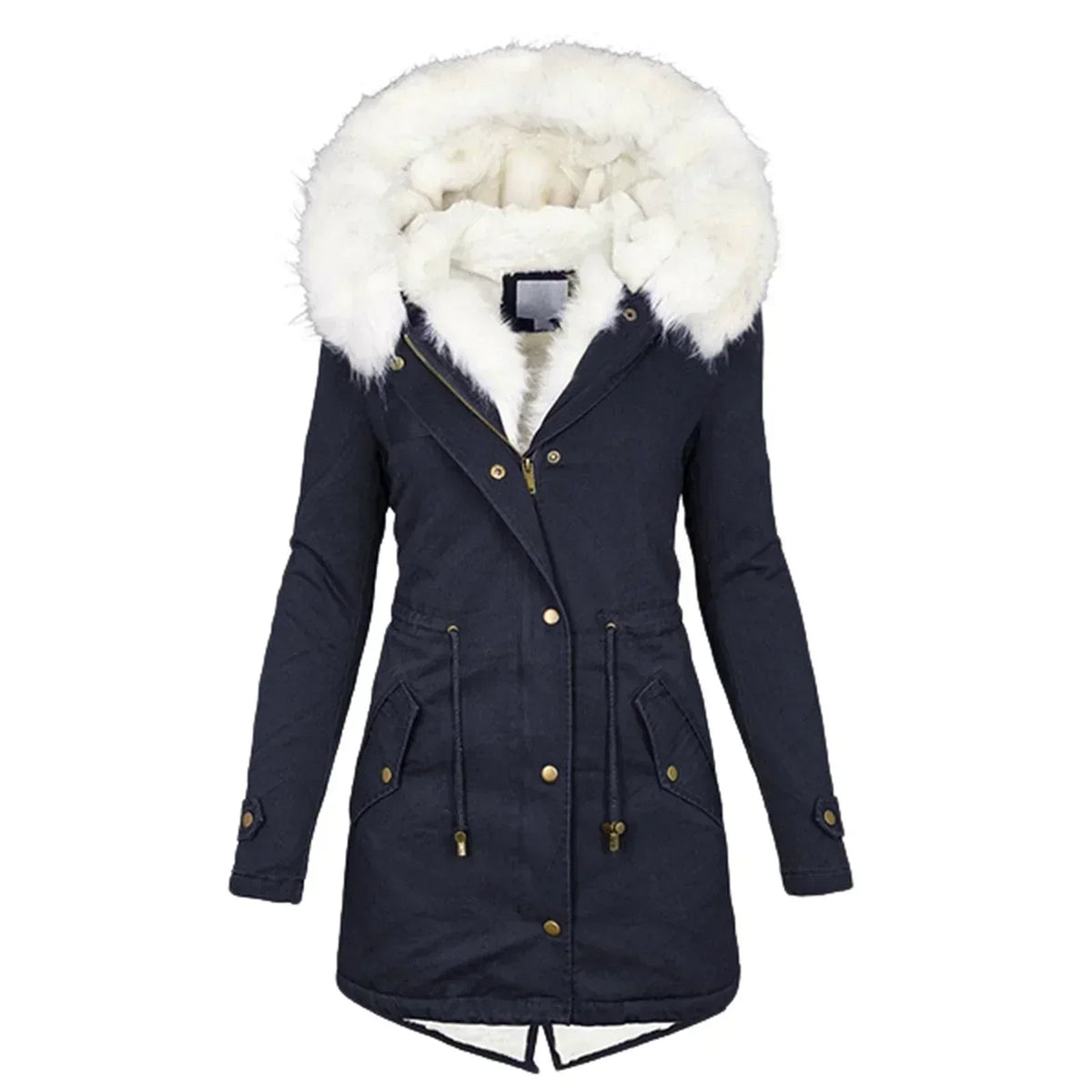 Women's Winter Coat with Fur-Lined Hood and Fitted Cut - Blue