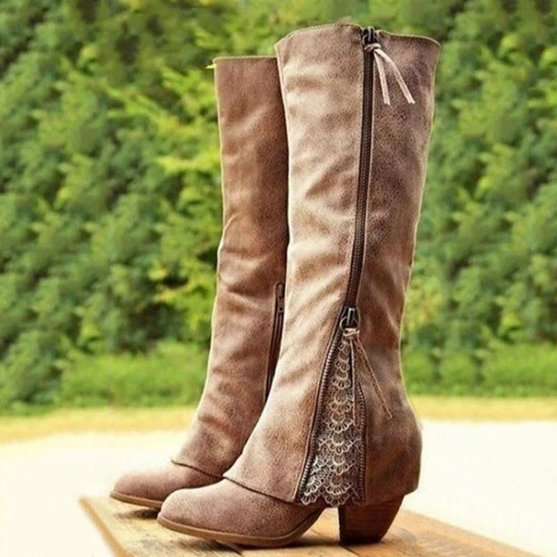 Women's Knee-High Boots with Lace Trim and Block Heel - Brown