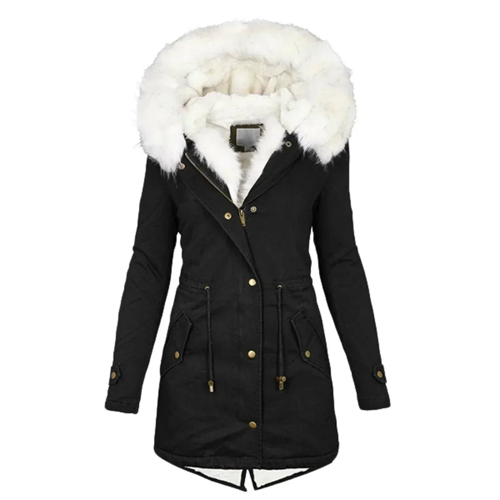 Women's Winter Coat with Fur-Lined Hood and Fitted Cut - Black