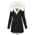 Women's Winter Coat with Fur-Lined Hood and Fitted Cut - Black