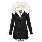 Women's Winter Coat with Fur-Lined Hood and Fitted Cut - Black