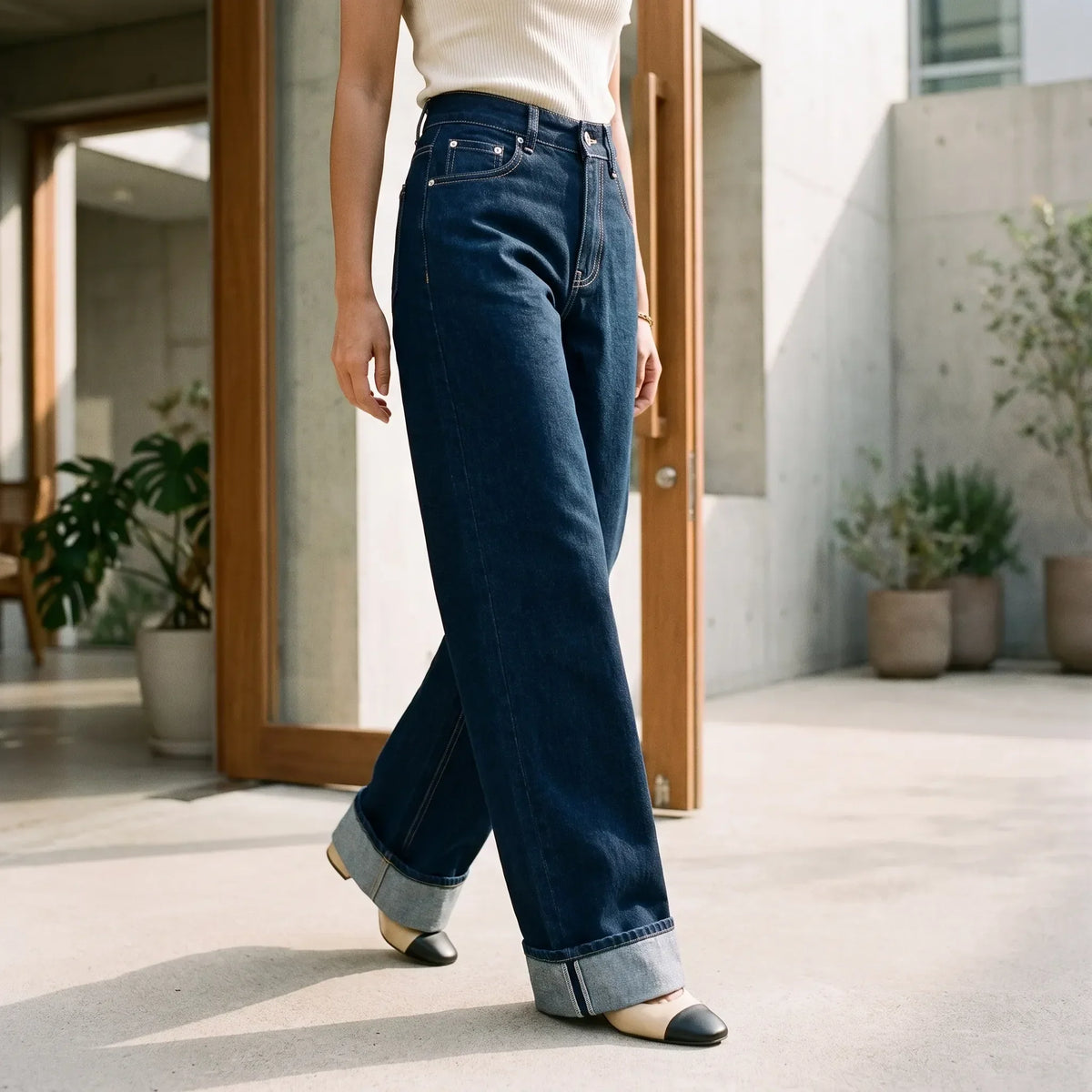 Women's High-Waisted Wide-Leg Jeans with Folded Cuffs - 3