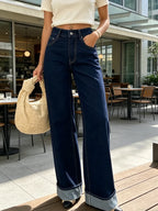 Women's High-Waisted Wide-Leg Jeans with Folded Cuffs