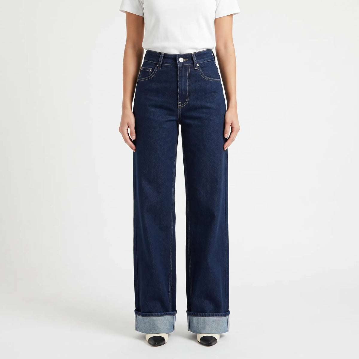 Women's High-Waisted Wide-Leg Jeans with Folded Cuffs - 2
