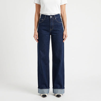 Women's High-Waisted Wide-Leg Jeans with Folded Cuffs - 2
