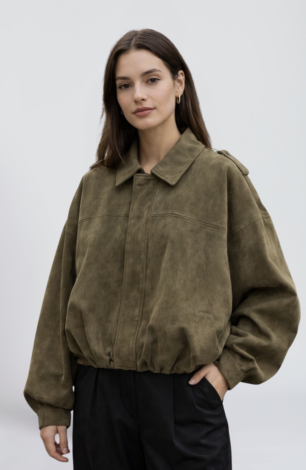 Women's Cropped Bomber Jacket with Collared Neckline and Oversized Sleeves - 2