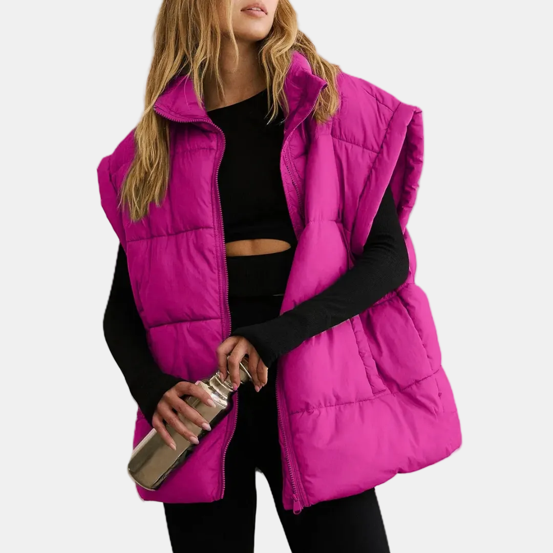 Women's Puffer Gilet Oversized Quilted Sleeveless Stand Collar with Pockets - Hot Pink